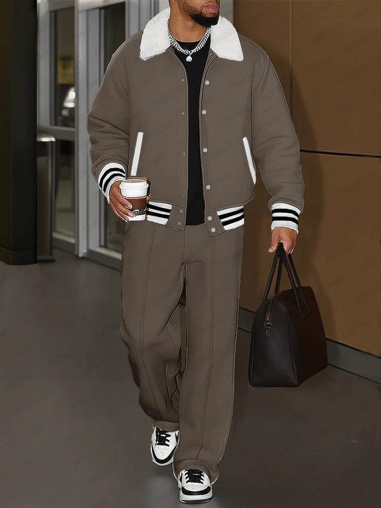 Urban Casual Plush Trim Jacket Pants Set - Image 4