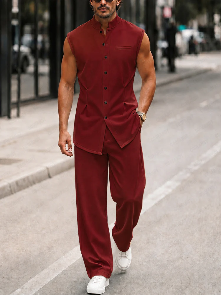 Urban Casual Sleeveless Stand Collar Shirt Set - Image 2