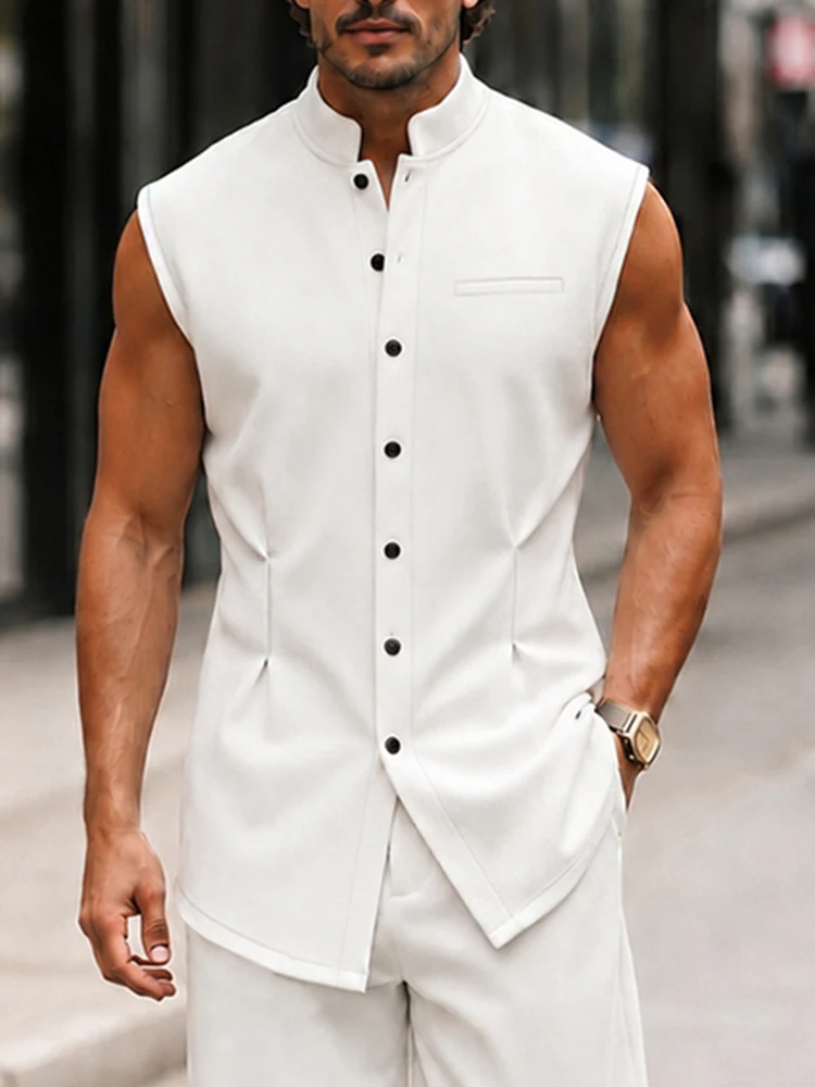 Urban Casual Sleeveless Stand Collar Shirt Set - Image 3