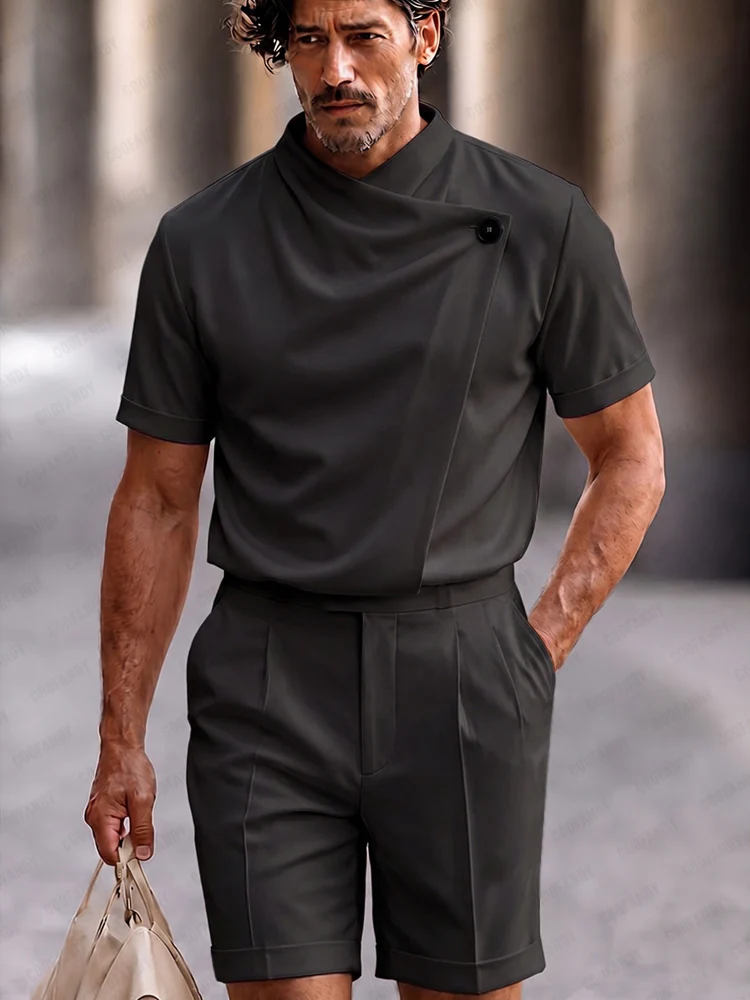 Urban Slant Button Placket Top and Shorts Set - Image 2
