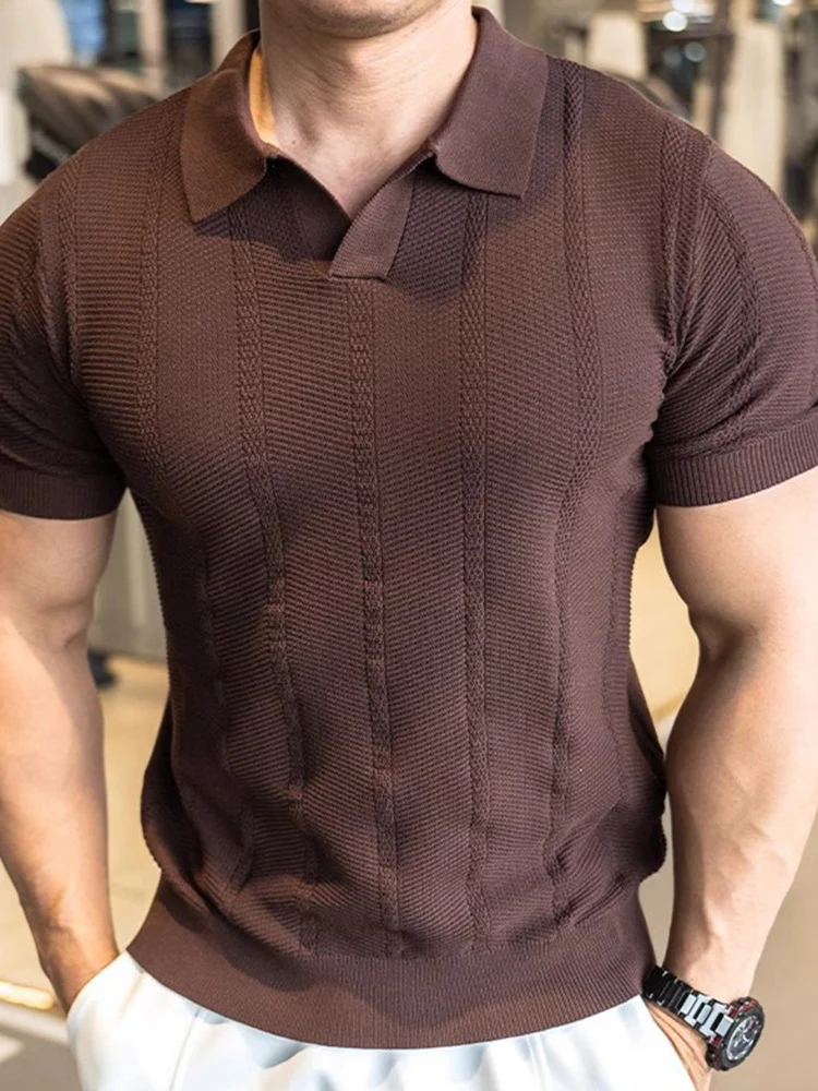 V-Neck Collar Vertical Cable Textured Ice Silk Casual Tee - Image 4