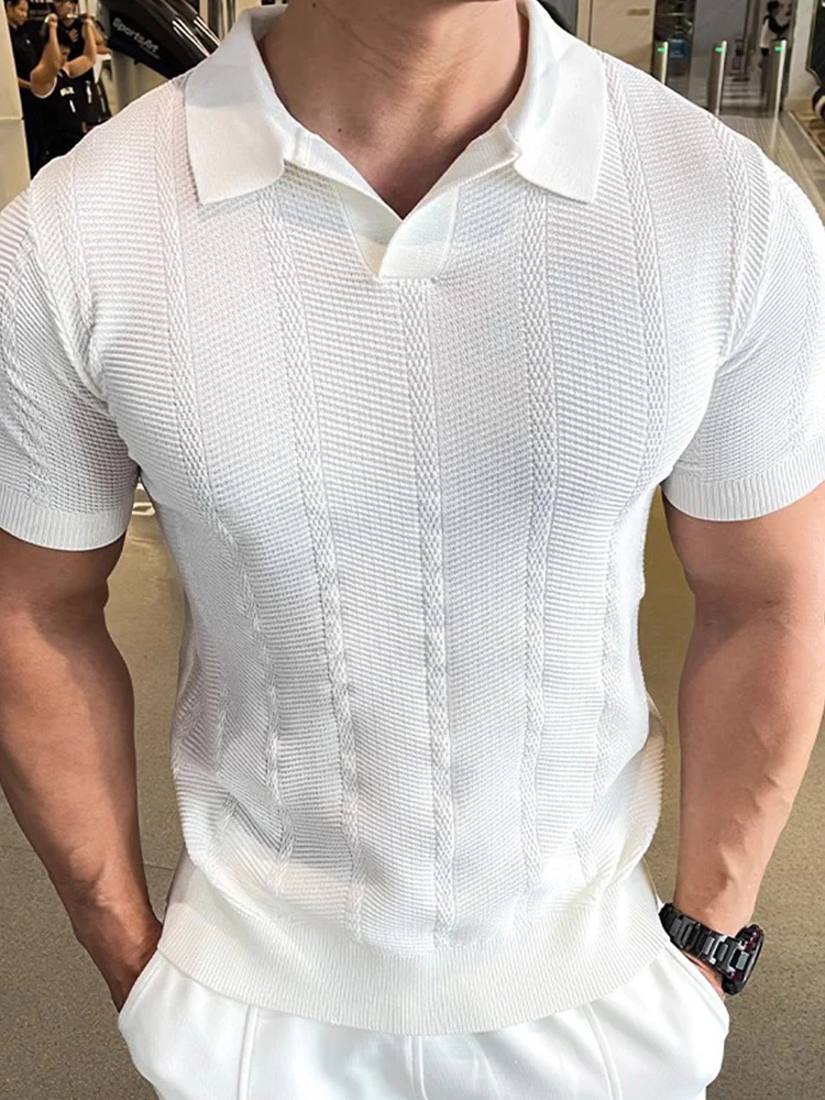 V-Neck Collar Vertical Cable Textured Ice Silk Casual Tee - Image 5