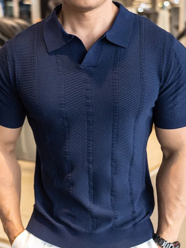 V-Neck Collar Vertical Cable Textured Ice Silk Casual Tee - Image 7
