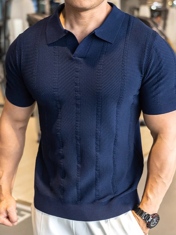 V-Neck Collar Vertical Cable Textured Ice Silk Casual Tee - Image 8