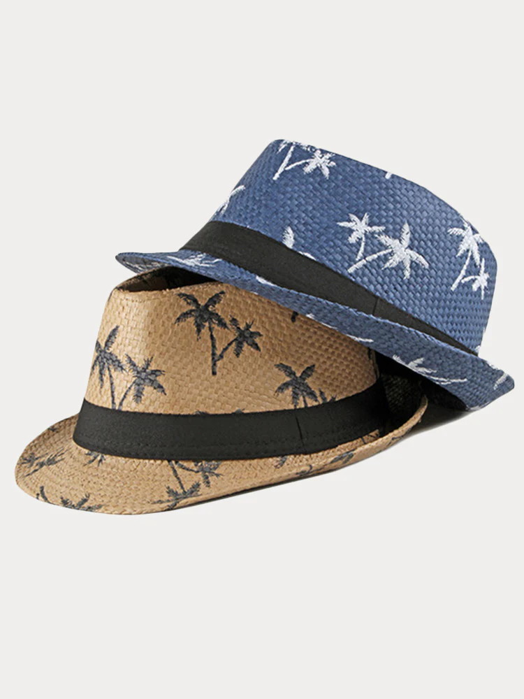 Vacation Coconut Tree Print Woven Straw Fedora Hat - Image 10