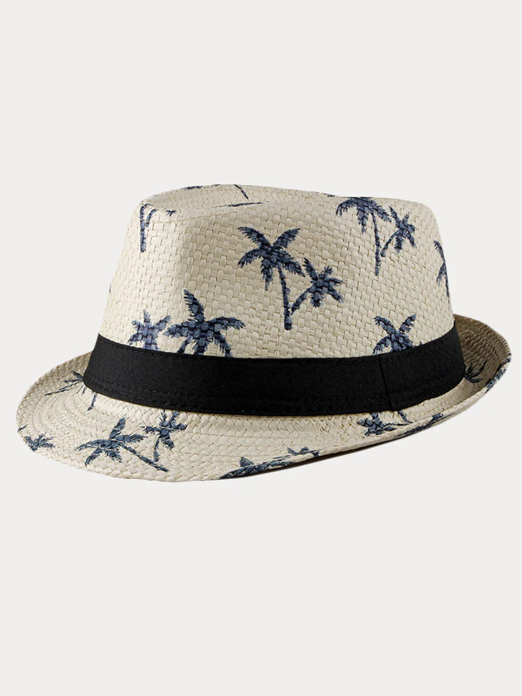 Vacation Coconut Tree Print Woven Straw Fedora Hat - Image 2