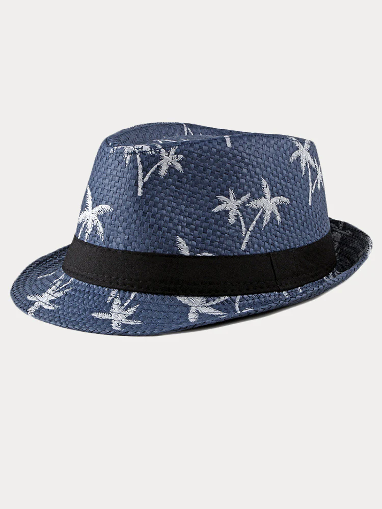 Vacation Coconut Tree Print Woven Straw Fedora Hat - Image 3