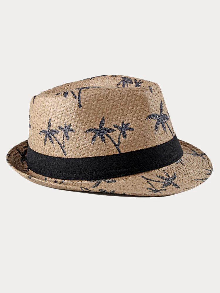 Vacation Coconut Tree Print Woven Straw Fedora Hat - Image 5