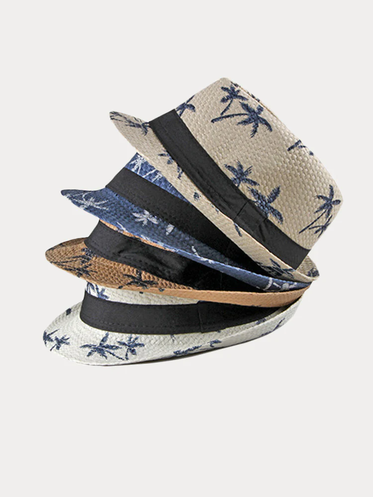 Vacation Coconut Tree Print Woven Straw Fedora Hat - Image 8
