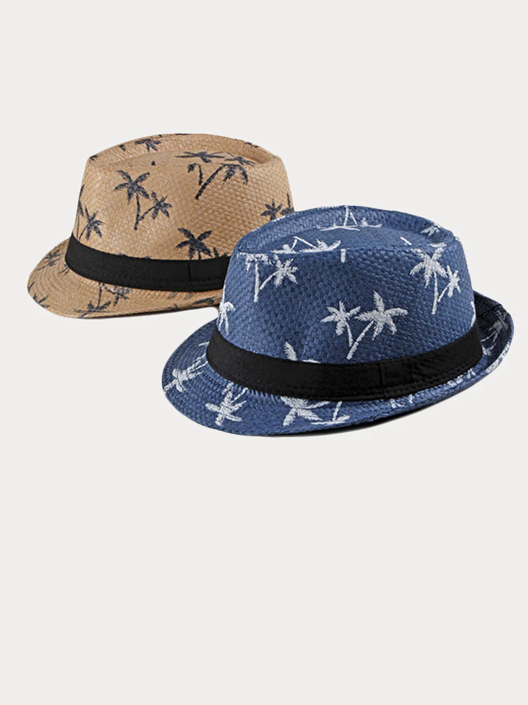 Vacation Coconut Tree Print Woven Straw Fedora Hat - Image 9