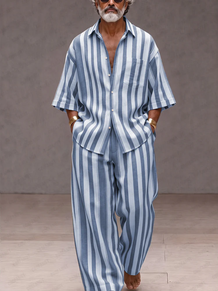 Versatile Loose Fit Wide Striped Shirt Pants Set