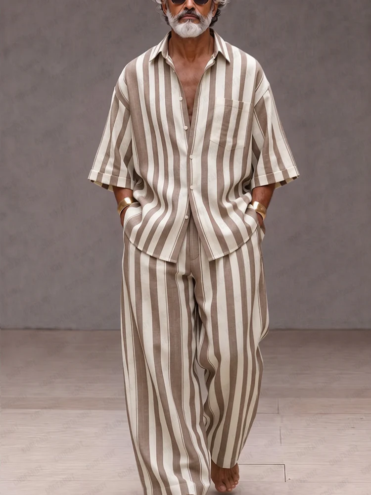 Versatile Loose Fit Wide Striped Shirt Pants Set - Image 2