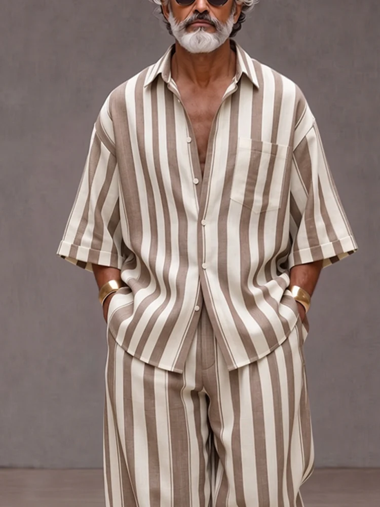 Versatile Loose Fit Wide Striped Shirt Pants Set - Image 3