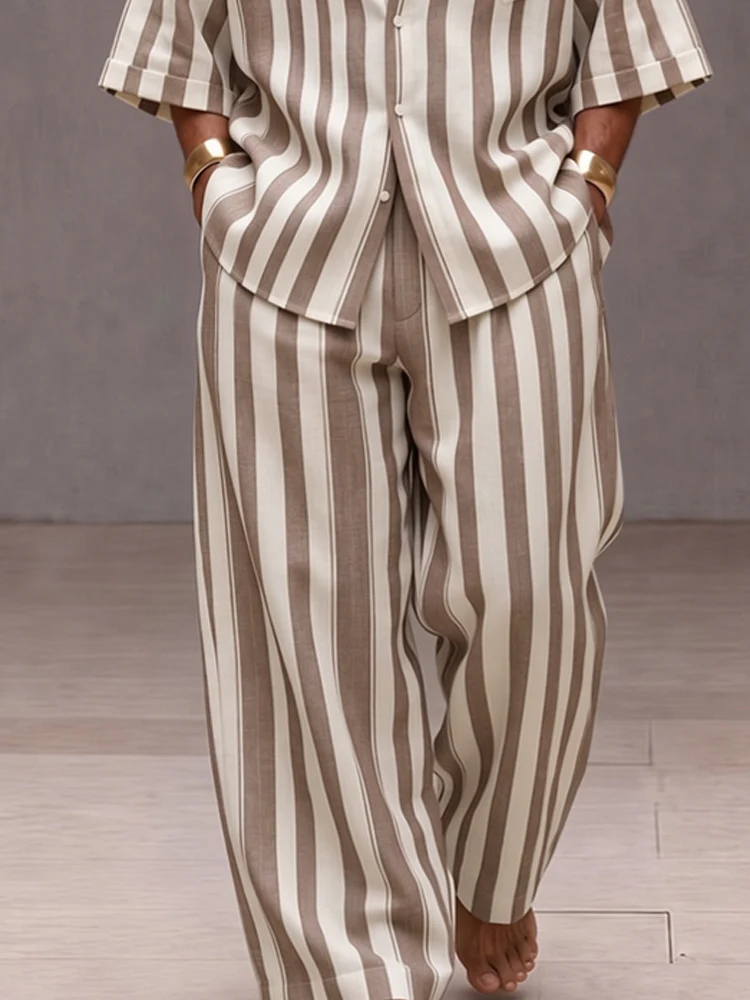 Versatile Loose Fit Wide Striped Shirt Pants Set - Image 4