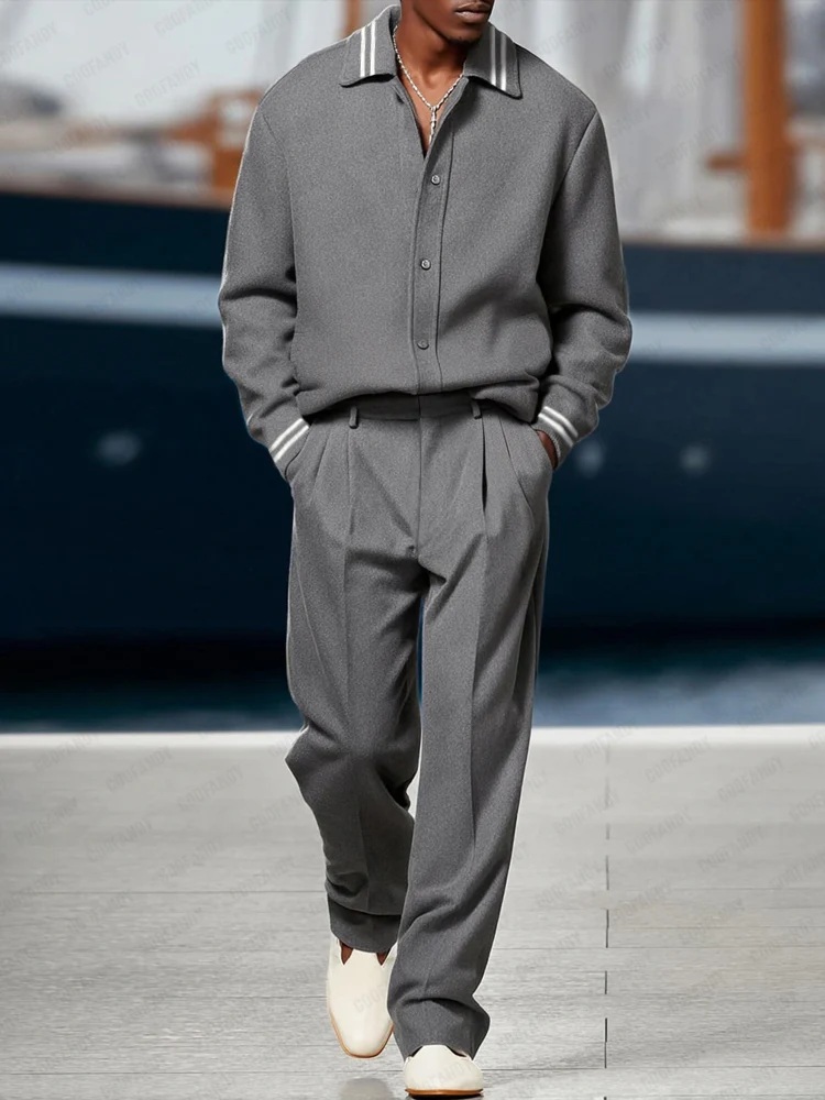 Versatile Ribbed Trim Jacket Pants Set