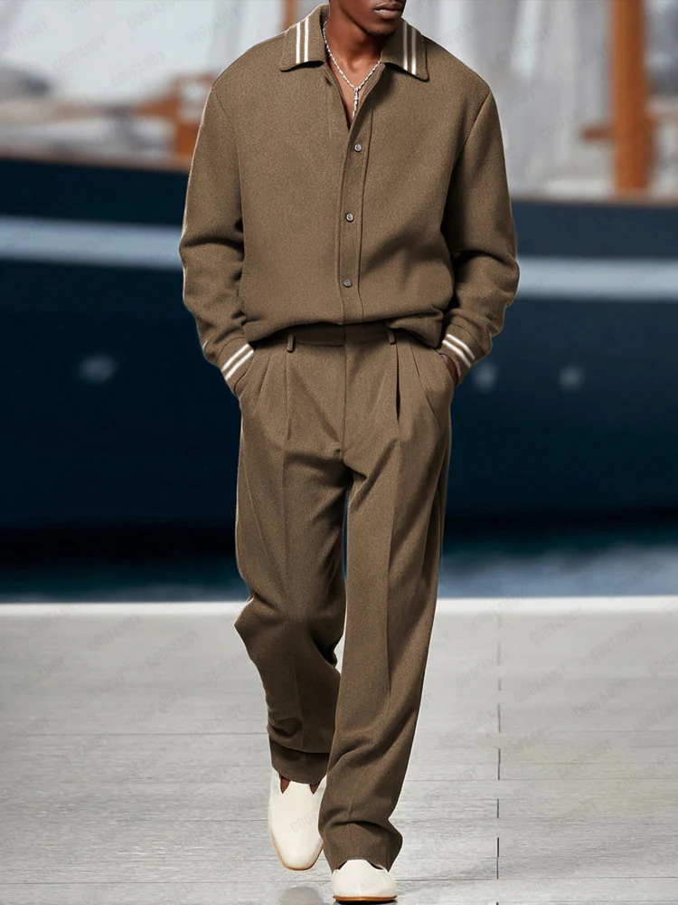 Versatile Ribbed Trim Jacket Pants Set - Image 2