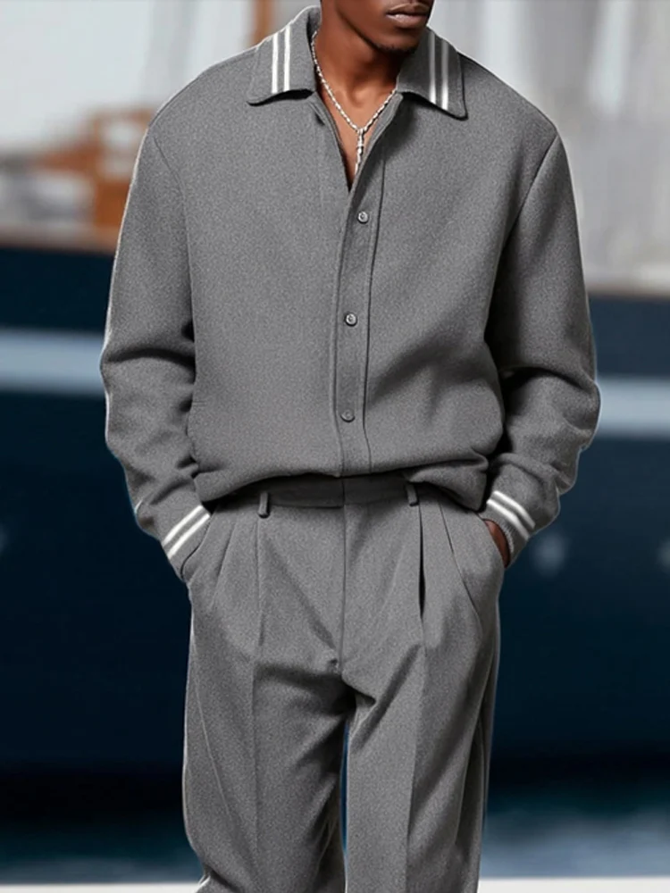 Versatile Ribbed Trim Jacket Pants Set - Image 3