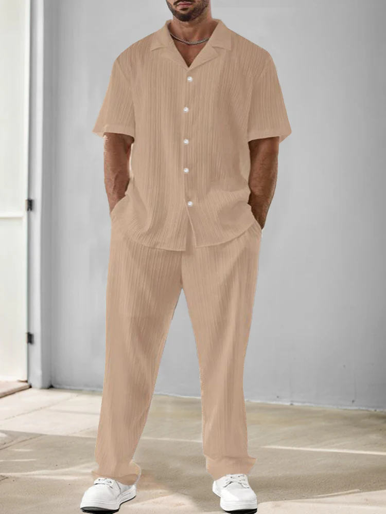 Versatile Stripe Textured Shirt Pants Set - Image 2