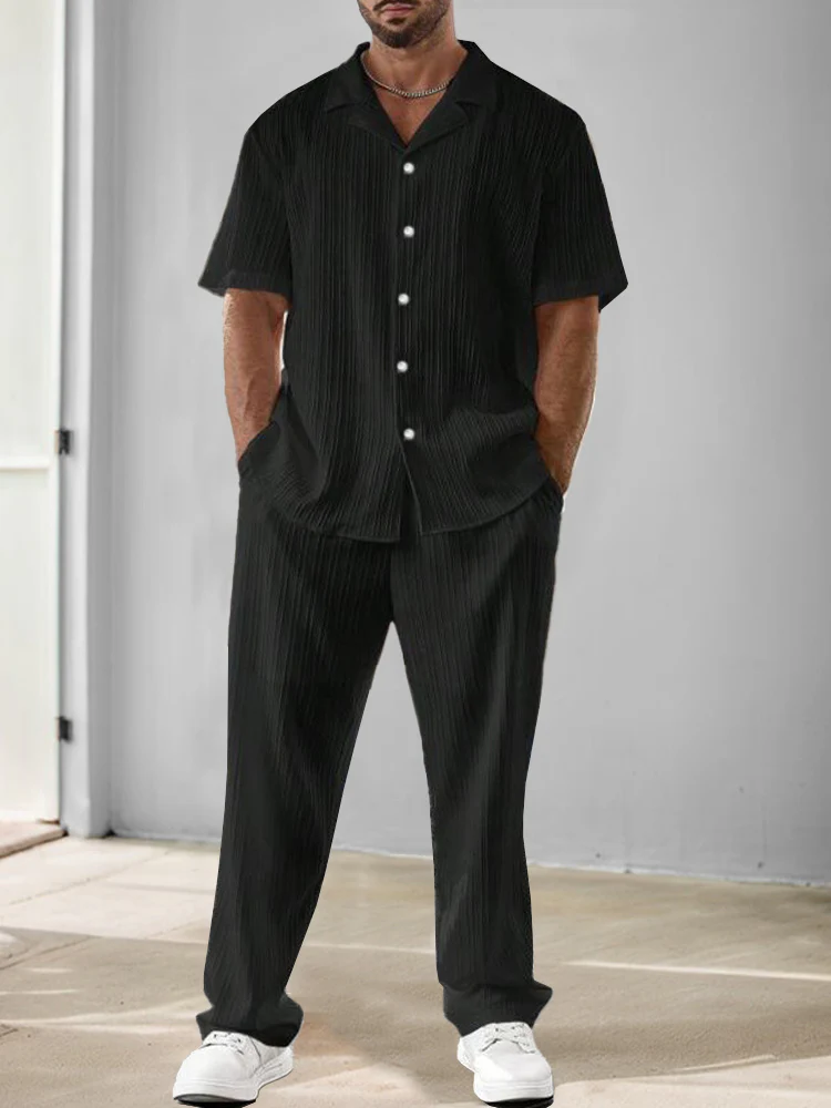 Versatile Stripe Textured Shirt Pants Set - Image 3