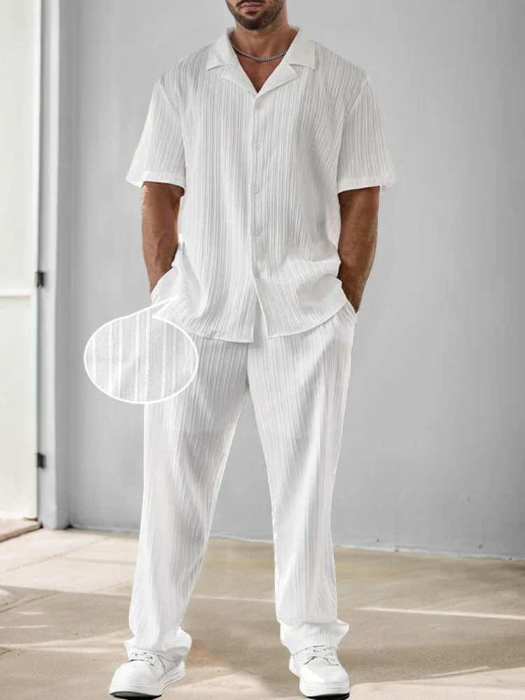 Versatile Stripe Textured Shirt Pants Set - Image 5