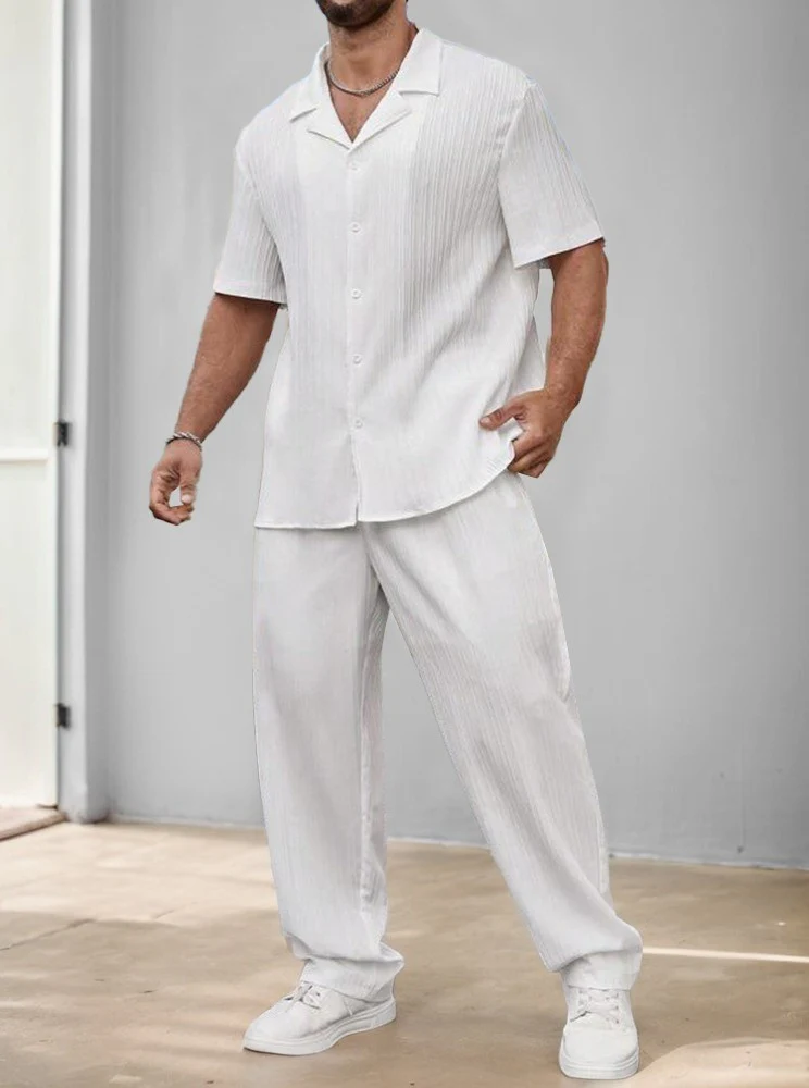 Versatile Stripe Textured Shirt Pants Set - Image 7