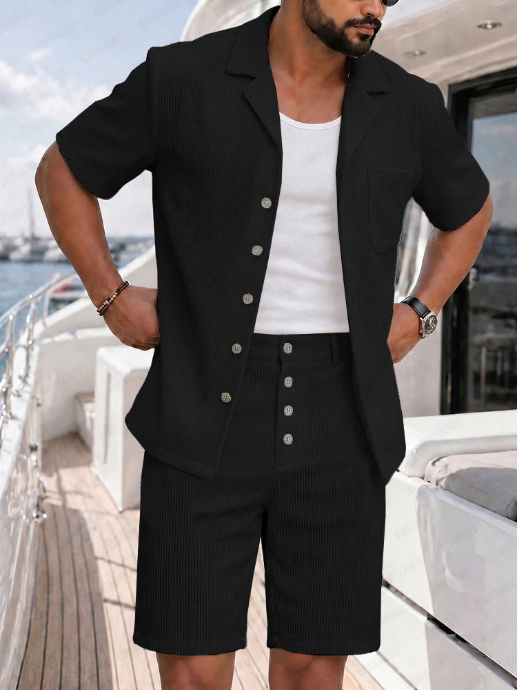 Versatile Style Ribbed Texture Shirt Shorts Set - Image 2