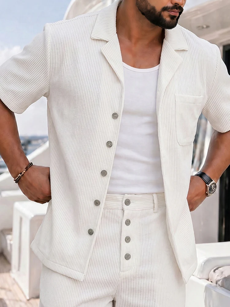 Versatile Style Ribbed Texture Shirt Shorts Set - Image 3