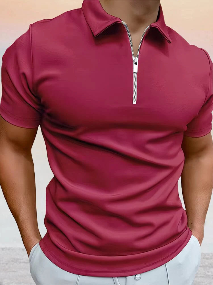 Zipper Solid Short Sleeve Polo Shirt - Image 11