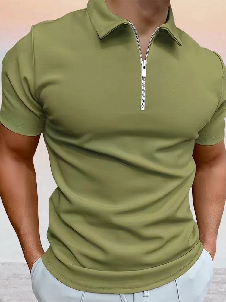 Zipper Solid Short Sleeve Polo Shirt - Image 2