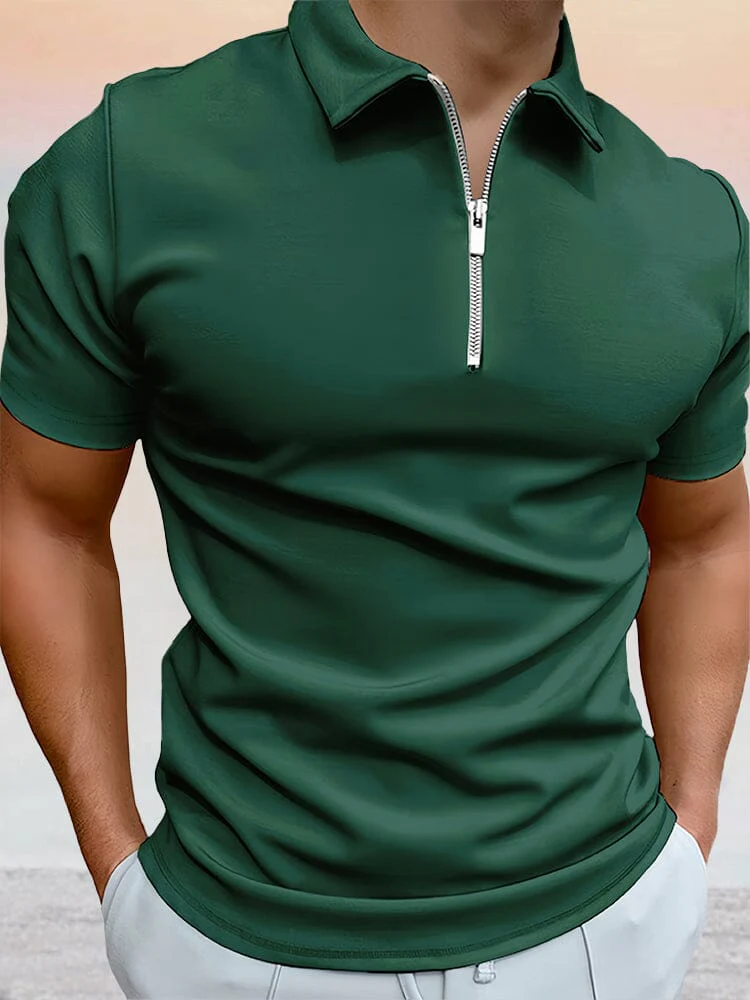 Zipper Solid Short Sleeve Polo Shirt - Image 5