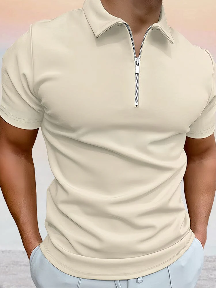 Zipper Solid Short Sleeve Polo Shirt - Image 6