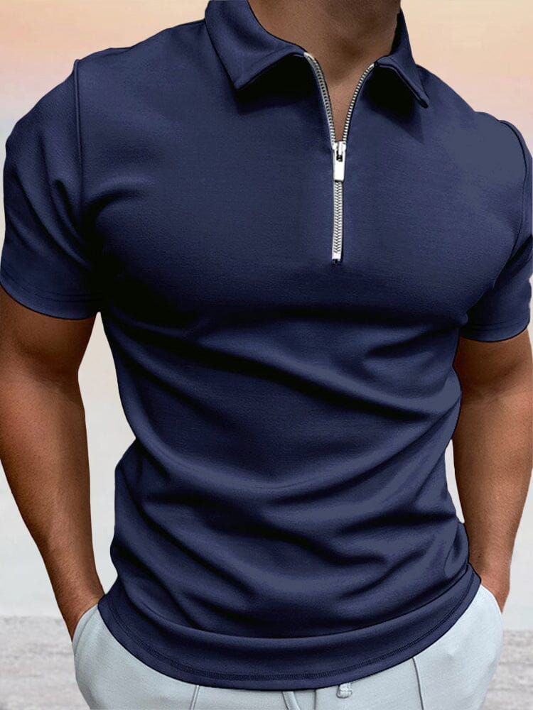 Zipper Solid Short Sleeve Polo Shirt - Image 8