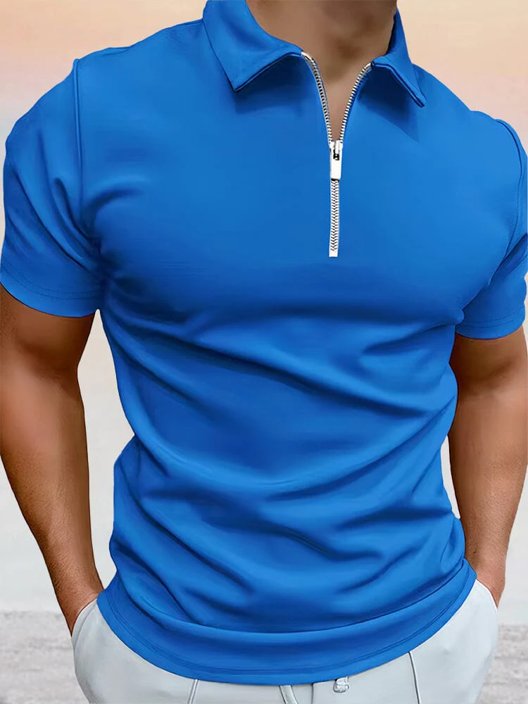 Zipper Solid Short Sleeve Polo Shirt - Image 9
